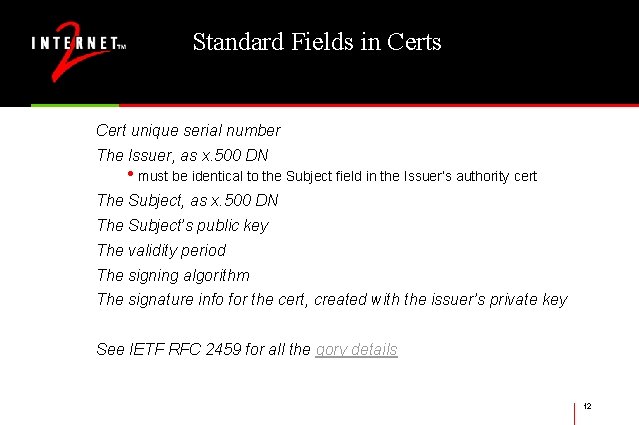 Standard Fields in Certs Cert unique serial number The Issuer, as x. 500 DN