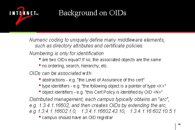 Background on OIDs Numeric coding to uniquely define many middleware elements, such as directory