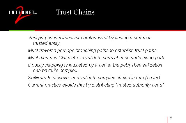 Trust Chains Verifying sender-receiver comfort level by finding a common trusted entity Must traverse