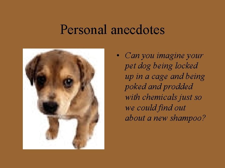 Personal anecdotes • Can you imagine your pet dog being locked up in a