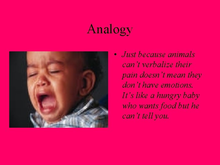 Analogy • Just because animals can’t verbalize their pain doesn’t mean they don’t have