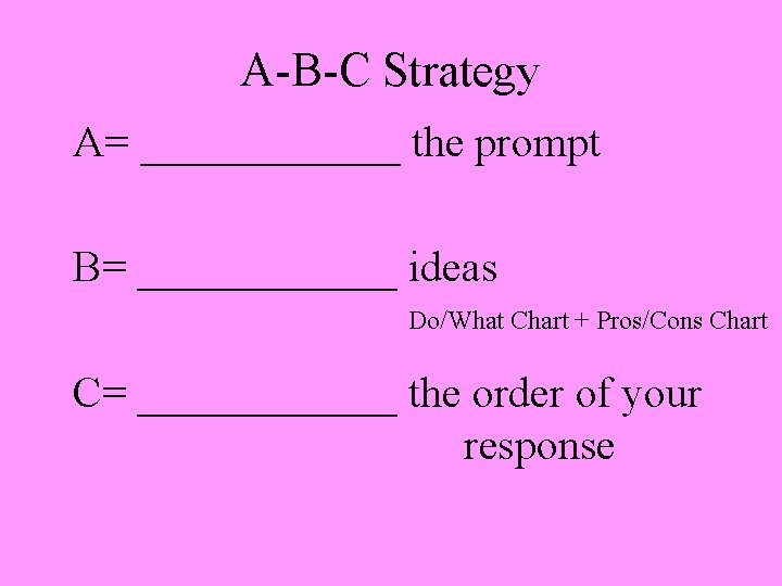 A-B-C Strategy A= ______ the prompt B= ______ ideas Do/What Chart + Pros/Cons Chart