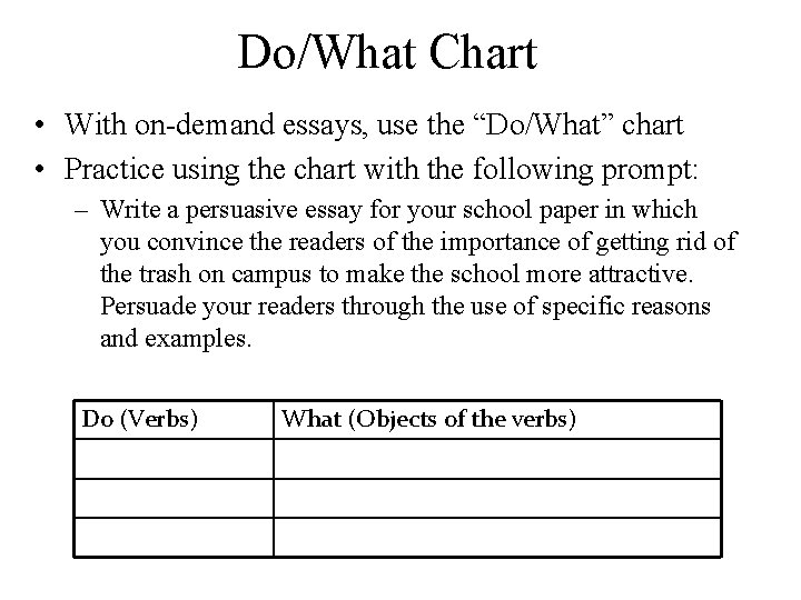 Do/What Chart • With on-demand essays, use the “Do/What” chart • Practice using the