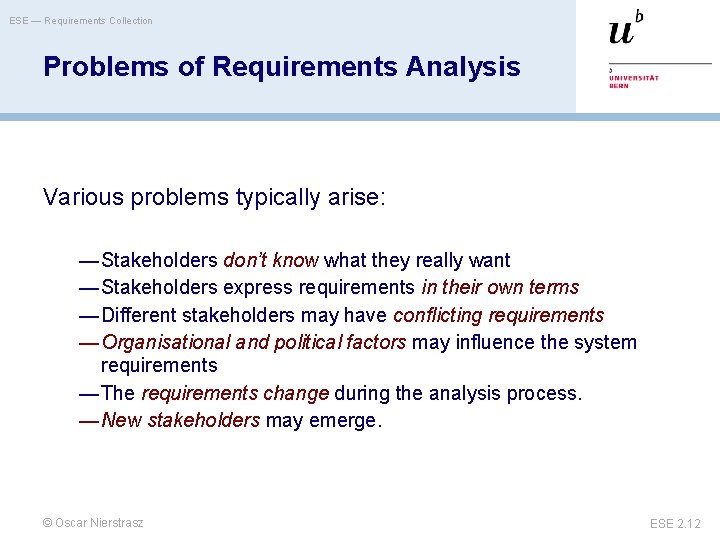 ESE — Requirements Collection Problems of Requirements Analysis Various problems typically arise: — Stakeholders