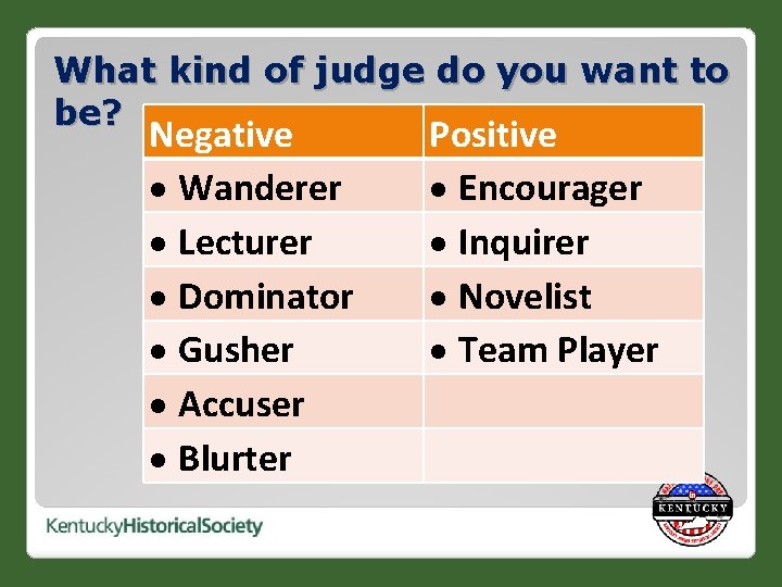 What kind of judge do you want to be? Negative Wanderer Lecturer Dominator Gusher