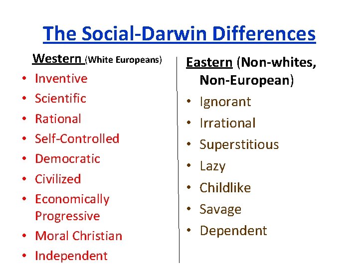 The Social-Darwin Differences • • • Western (White Europeans) Inventive Scientific Rational Self-Controlled Democratic