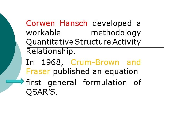 Corwen Hansch developed a workable methodology Quantitative Structure Activity Relationship. In 1968, Crum-Brown and