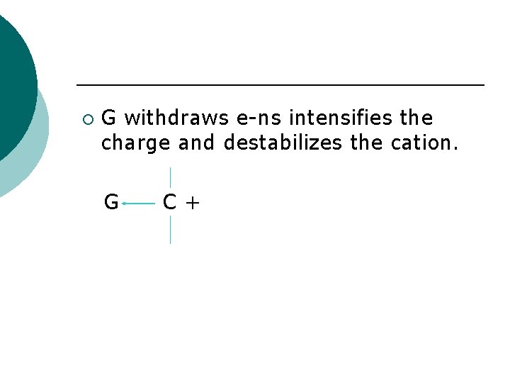 ¡ G withdraws e-ns intensifies the charge and destabilizes the cation. G C+ ¡ G withdraws e-ns intensifies the charge and destabilizes the cation. G C+