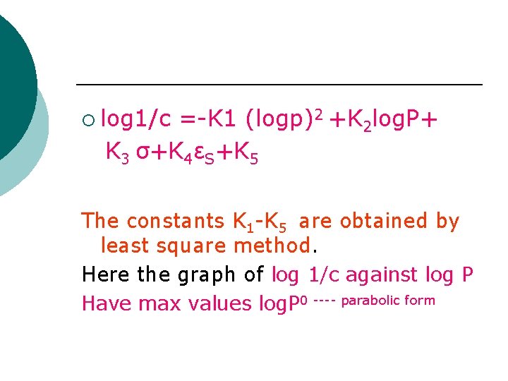 ¡ log 1/c =-K 1 (logp)2 +K 2 log. P+ K 3 σ+K 4εS+K