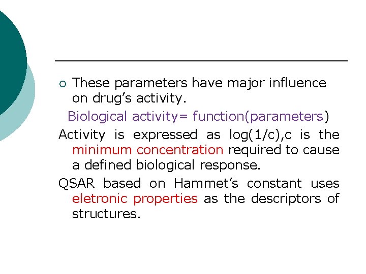 These parameters have major influence on drug’s activity. Biological activity= function(parameters) Activity is expressed