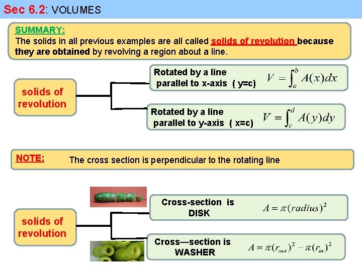 Sec 6. 2: VOLUMES SUMMARY: The solids in all previous examples are all called