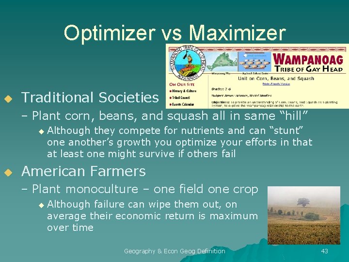 Optimizer vs Maximizer u Traditional Societies – Plant corn, beans, and squash all in