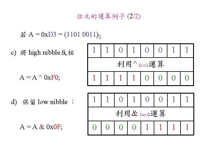 位元的運算例子 (2/2) 若 A = 0 x. D 3 = (1101 0011)2 c) 將