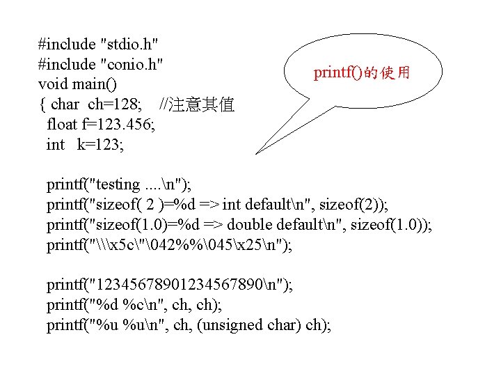 #include "stdio. h" #include "conio. h" printf()的使用 void main() { char ch=128; //注意其值 float