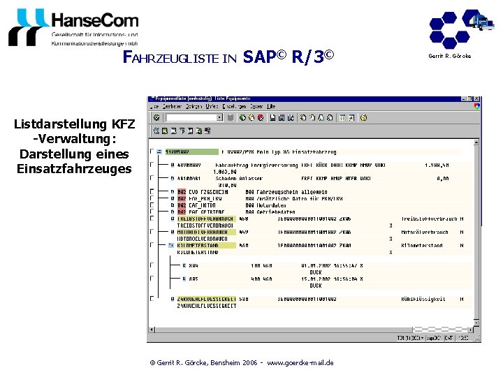 FAHRZEUGLISTE IN SAP© R/3© Listdarstellung KFZ -Verwaltung: Darstellung eines Einsatzfahrzeuges © Gerrit R. Görcke,