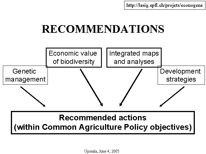 http: //lasig. epfl. ch/projets/econogene RECOMMENDATIONS Economic value of biodiversity Integrated maps and analyses Genetic