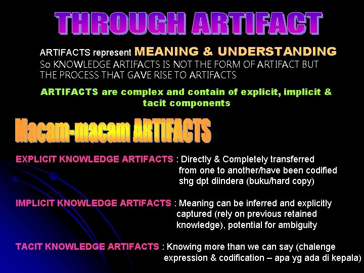 ARTIFACTS represent MEANING & UNDERSTANDING So KNOWLEDGE ARTIFACTS IS NOT THE FORM OF ARTIFACT