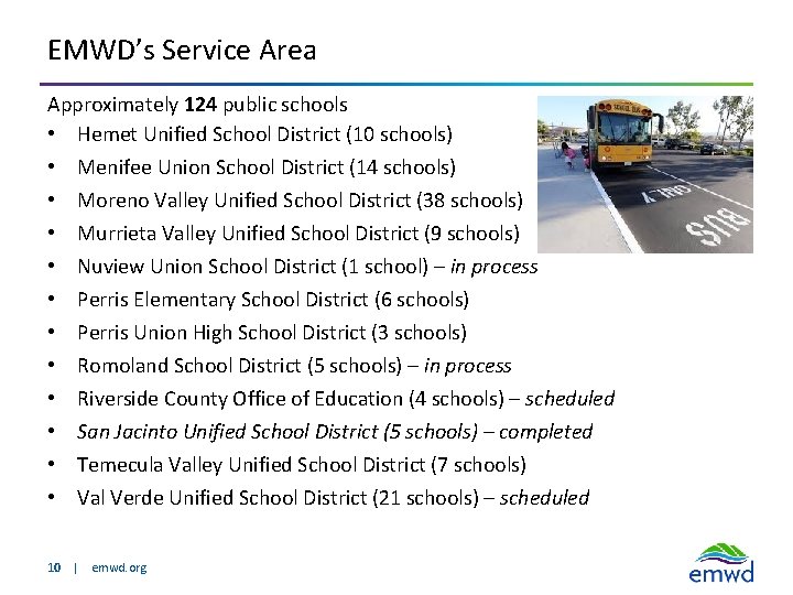 EMWD’s Service Area Approximately 124 public schools • Hemet Unified School District (10 schools)