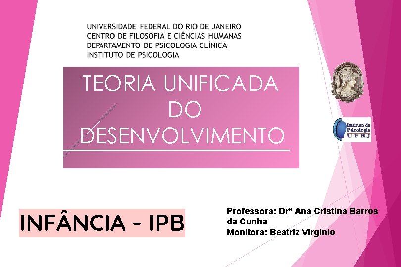 TEORIA UNIFICADA DO DESENVOLVIMENTO INF NCIA - IPB Professora: Drª Ana Cristina Barros da