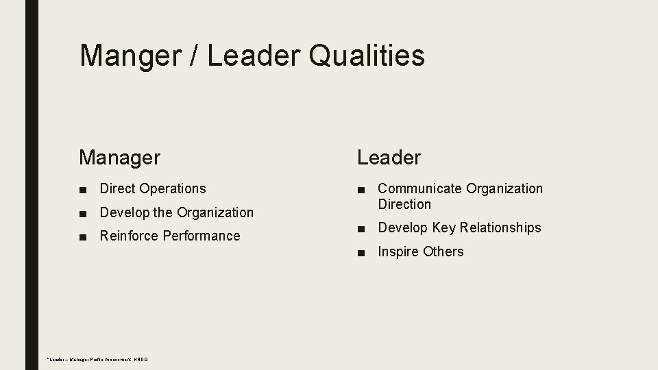 Manger / Leader Qualities Manager Leader ■ Direct Operations ■ Communicate Organization Direction ■