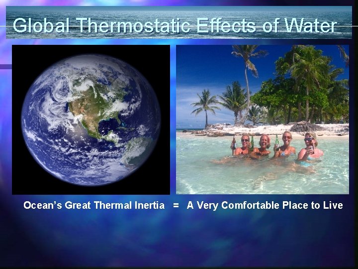 Global Thermostatic Effects of Water Ocean’s Great Thermal Inertia = A Very Comfortable Place