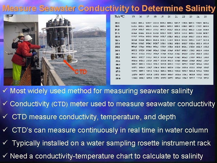 Measure Seawater Conductivity to Determine Salinity CTD ü Most widely used method for measuring