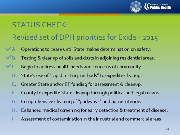 STATUS CHECK: Revised set of DPH priorities for Exide - 2015 A. Operations to