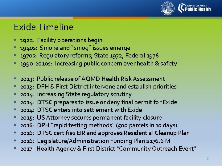 Exide Timeline § § 1922: Facility operations begin 1940 s: Smoke and “smog” issues
