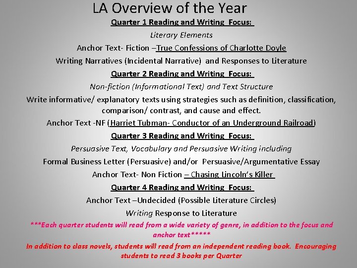 LA Overview of the Year Quarter 1 Reading and Writing Focus: Literary Elements Anchor