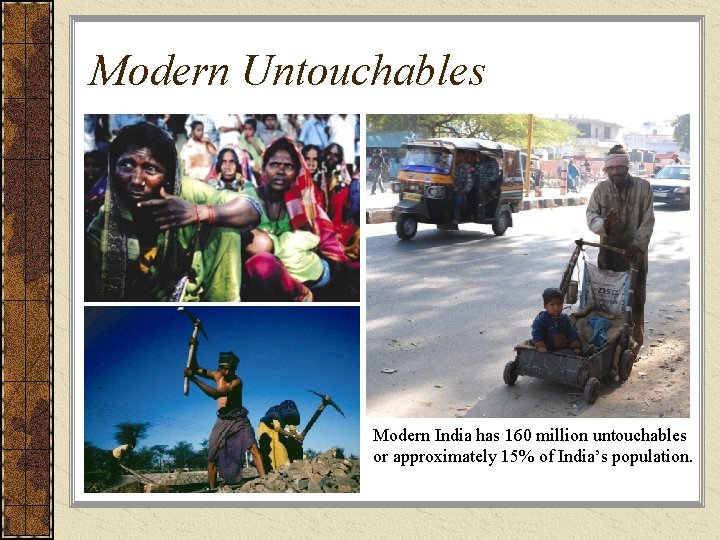 Modern Untouchables Modern India has 160 million untouchables or approximately 15% of India’s population.