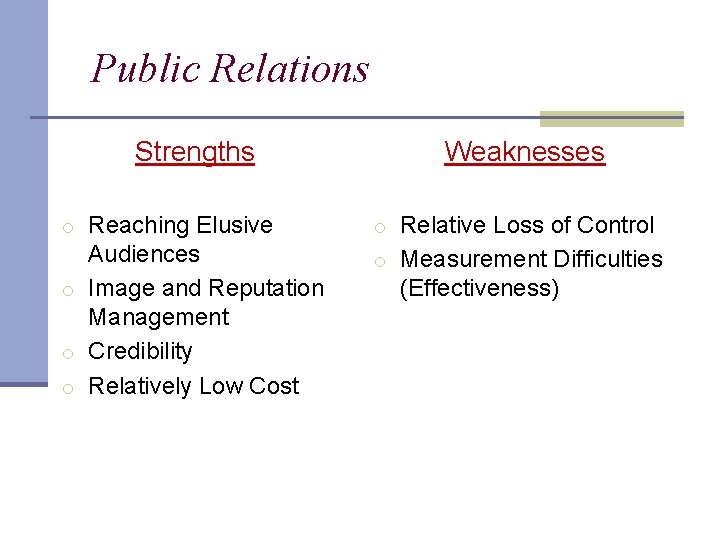 Public Relations Strengths Weaknesses o Reaching Elusive o Relative Loss of Control Audiences o