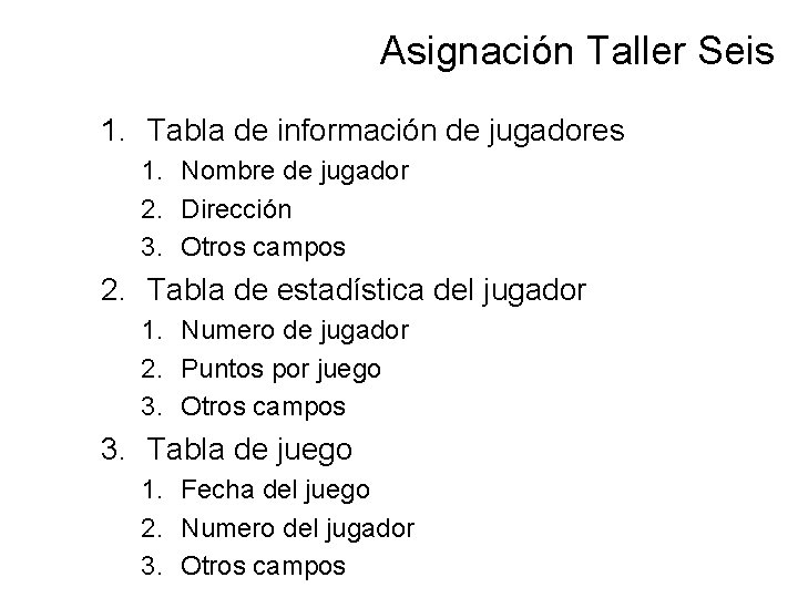 Asignación Taller Seis 1. Tabla de información de jugadores 1. Nombre de jugador 2.