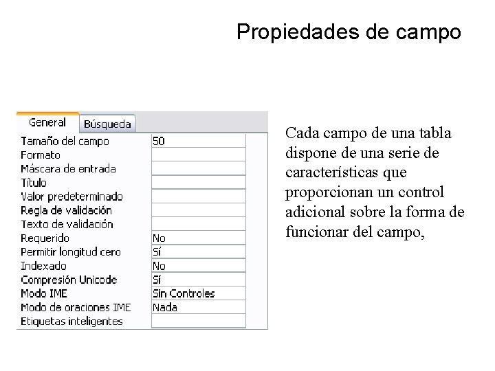 Propiedades de campo Cada campo de una tabla dispone de una serie de características