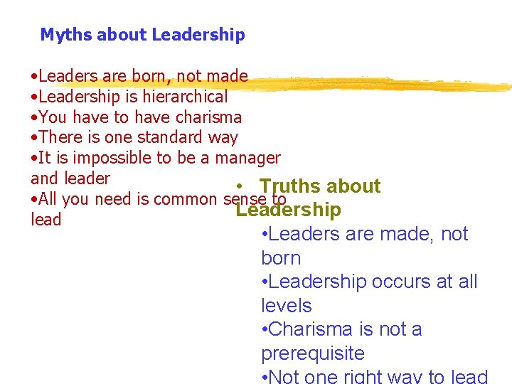 Myths about Leadership • Leaders are born, not made • Leadership is hierarchical •