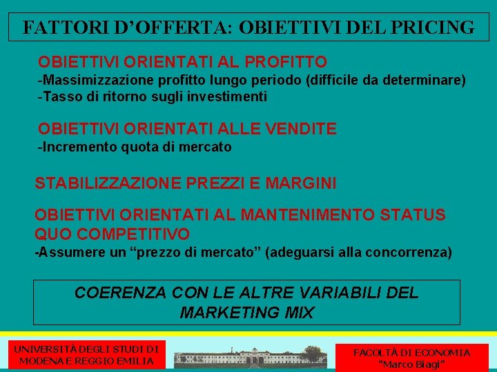 FATTORI D’OFFERTA: OBIETTIVI DEL PRICING OBIETTIVI ORIENTATI AL PROFITTO -Massimizzazione profitto lungo periodo (difficile