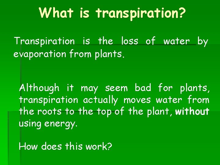 What is transpiration? Transpiration is the loss of water by evaporation from plants. Although