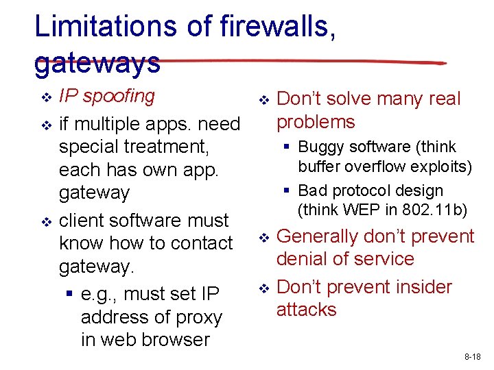 Limitations of firewalls, gateways v v v IP spoofing if multiple apps. need special