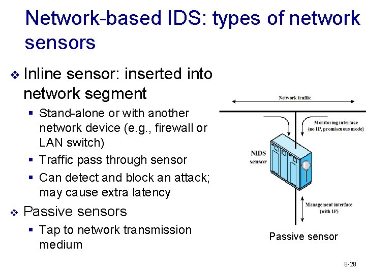 Network-based IDS: types of network sensors v Inline sensor: inserted into network segment §