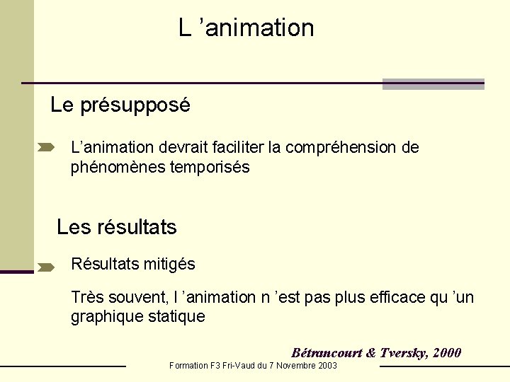 L ’animation Le présupposé L’animation devrait faciliter la compréhension de phénomènes temporisés Les résultats