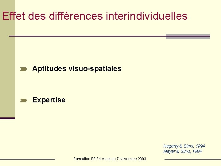 Effet des différences interindividuelles Aptitudes visuo-spatiales Expertise Hegarty & Sims, 1994 Mayer & Sims,
