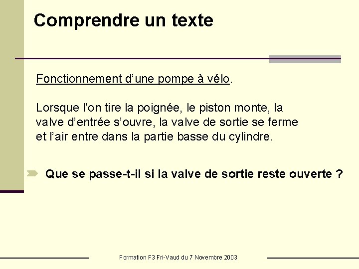 Comprendre un texte Fonctionnement d’une pompe à vélo. Lorsque l’on tire la poignée, le