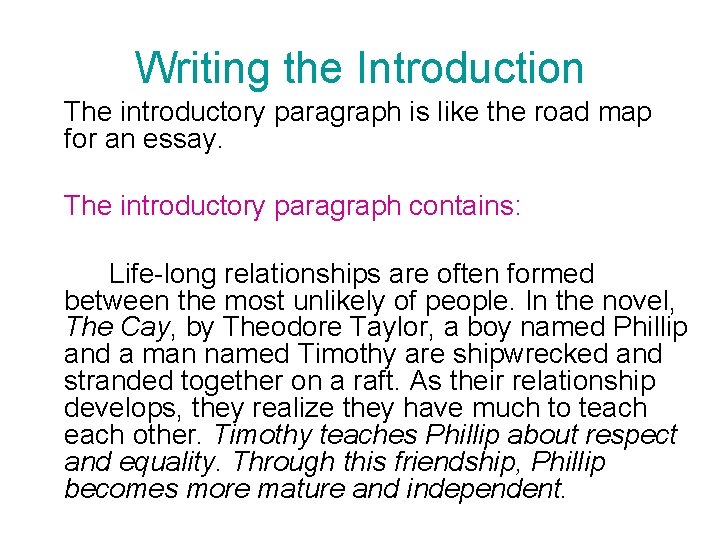 Writing the Introduction The introductory paragraph is like the road map for an essay.