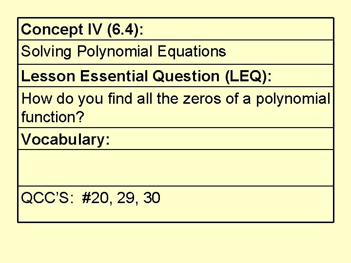 Concept IV (6. 4): Solving Polynomial Equations Lesson Essential Question (LEQ): How do you
