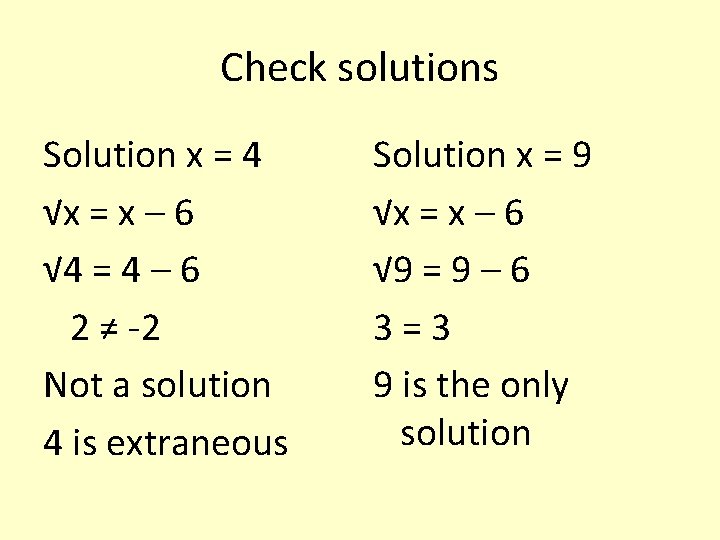 Check solutions Solution x = 4 √x = x – 6 √ 4 =