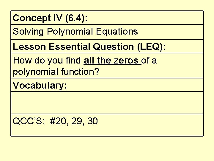 Concept IV (6. 4): Solving Polynomial Equations Lesson Essential Question (LEQ): How do you