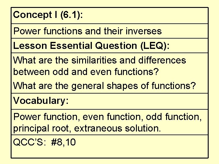 Concept I (6. 1): Power functions and their inverses Lesson Essential Question (LEQ): What