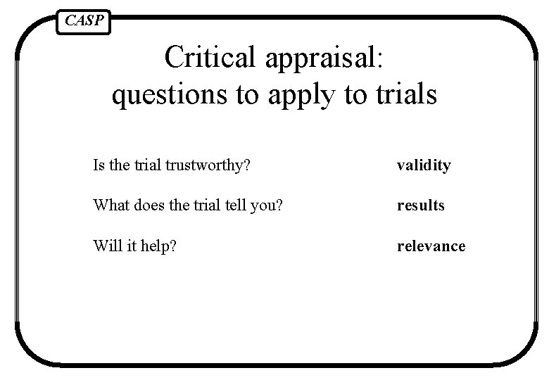 CASP Critical appraisal: questions to apply to trials Is the trial trustworthy? validity What