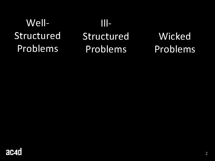 Well. Structured Problems Ill. Structured Problems Wicked Problems 2 Well. Structured Problems Ill. Structured Problems Wicked Problems 2