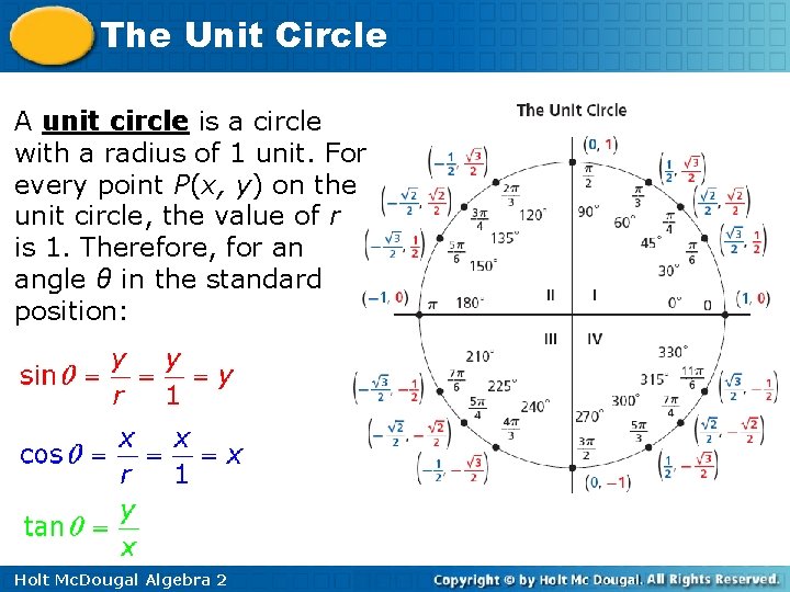 The Unit Circle A unit circle is a circle with a radius of 1