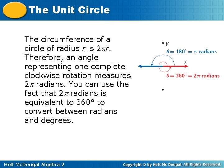 The Unit Circle The circumference of a circle of radius r is 2 r.